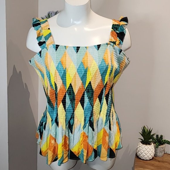 Torrid - Peplum Washable Crinkle Gauze Smocked Tank Top in Geo-Multi - Picture 2 of 13